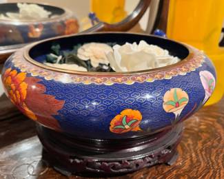 Blue Floral Cloissone Brush Bowl with Wood Stand