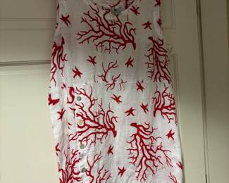 Luisa White Linen Dress with Coral Design Sleeveless Dress - Size XL