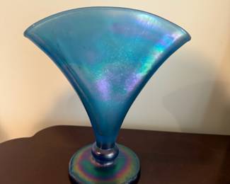 1970's Fenton Blue Iridescent Glass Fan Vase 