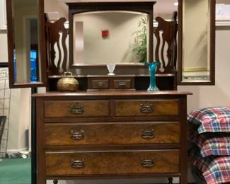 1900’s Fruit Wood Lady's Vanity Dresser with Bevel Mirrors

