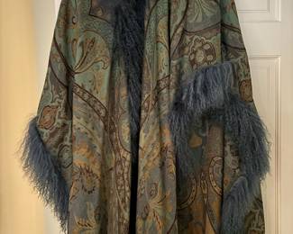 Paisley Print Faux Fur Trim Shawl