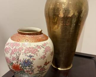Toyo Japanese Porcelain Vase with Bird and Floral Design, Hammered Brass Vase