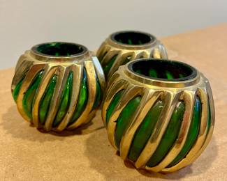 3 Matching Green Glass and Brass Tone Candle Holders
