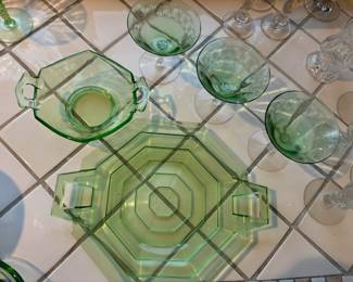 Uranium Depression Glass Octagonal Bowl, Uranium Depression Glass Octagonal Serving Tray, Set of 3 Uranium Depression Champagne Glasses
