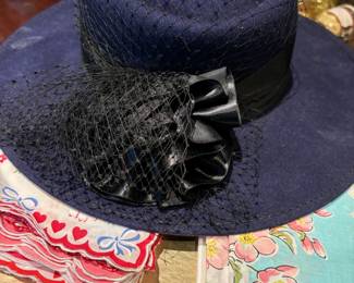 Navy Blue Women's Felt Boater Hat with Black Veil