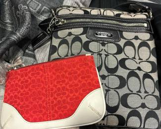Estate Coach Red/White Monogrammed Canvas Leather Wristlet Wallet, Coach Black/Gray Monogrammed Canvas Crossbody Bag