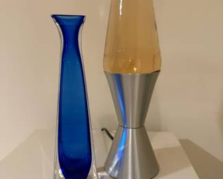 Cobalt Blue and Clear Square Bud Vase, 1990's Lava Lite Lamp
