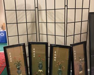 Set of 4 Jade and Coral Bouquets Wall Panels, 3 Panel Black Metal Garden Trellis with Vine Design