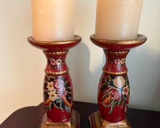 Pair of Folk Art Flora Pillar Candle Holders