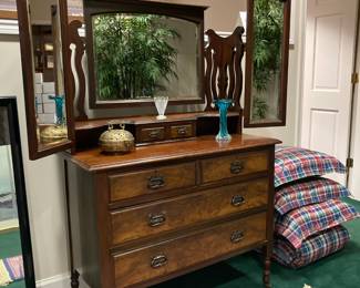 1900’s Fruit Wood Lady's Vanity Dresser with Bevel Mirrors
