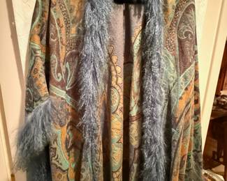 Paisley Print Faux Fur Trim Shawl