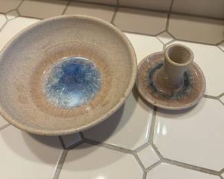 Pottery Tan/Blue Bowl and Matching Candle Stick Holder