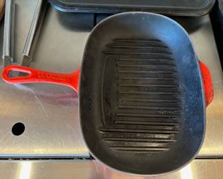LeE Creuset Oblong Red Cast Iron Ribbed Grill Skillet Pan 