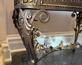 Vintage French Louis XVI Style Wrought Iron Side Table with Onyx Top. Measures 26" x 14" x 19" H. Photo 4 of 5. 