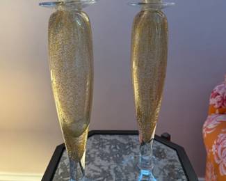 Pair of Murano Speckled Glass Candleholders. Each Measures 17" H. Photo 1 of 2. 