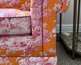 Brunschwig & Fils Charlton Loose-Back, Down-Filled Upholstered Sofa in Manuel Canovas Bengale Toile Fabric (Paprika Colorway). Measures 78" W x 34" D. Photo 2 of 5. 