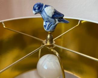 Chinoiserie Lamp on Lucite Base with White Lacquer Shade and Bird Finial. Measures 26" To Top of Finial. Photo 2 of 3. 