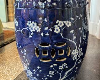Blue & White Garden Stool In Plum Blossom Motif. Measures 18" H x 12" D.  Photo 1 of 2. 
