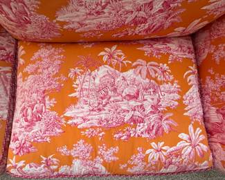 Brunschwig & Fils Charlton Loose-Back, Down-Filled Upholstered Sofa in Manuel Canovas Bengale Toile Fabric (Paprika Colorway). Measures 78" W x 34" D. Photo 4 of 5. 