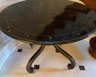 Dessin Fournir Georgian Chinoiserie Mahogany Table Lacquered in A  Crackled Ebony Finish With 22K Gold Leaf Trim. On Casters. Measures 42" D x 30" H. Photo 2 of 3.