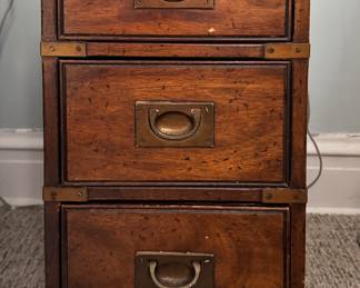 Small Campaign Style Three-Drawer Side Table with Brass Corner Detail and Pulls. Measures 12" W x 16" D x 22" H. Photo 1 of 2. 
