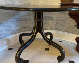 Dessin Fournir Georgian Chinoiserie Mahogany Table Lacquered in A  Crackled Ebony Finish With 22K Gold Leaf Trim. On Casters. Measures 42" D x 30" H. Photo 1 of 3.