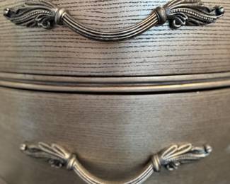 Pair of Three-Drawer Silver Flake Patina Demi-Lune Bedside Tables. Each Measures 26" W x 18" D x 30.5" H. Photo 3 of 3. 