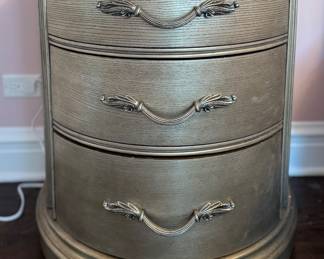 Pair of Three-Drawer Silver Flake Patina Demi-Lune Bedside Tables. Each Measures 26" W x 18" D x 30.5" H. Photo 1 of 3. 