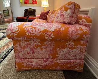Brunschwig & Fils Charlton Loose-Back, Down-Filled Upholstered Sofa in Manuel Canovas Bengale Toile Fabric (Paprika Colorway). Measures 78" W x 34" D. Photo 3 of 5. 