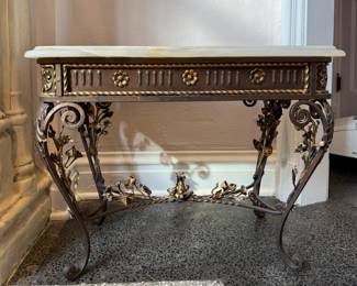 Vintage French Louis XVI Style Wrought Iron Side Table with Onyx Top. Measures 26" x 14" x 19" H. Photo 1 of 5. 