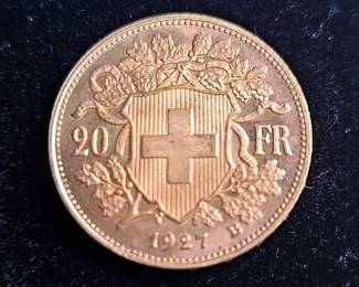 1927 Switzerland 20 Francs Gold Coin, 90% Gold, 6.452g Total Weight 