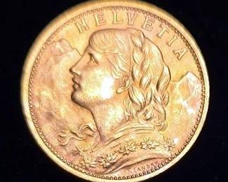 1927 Switzerland 20 Francs Gold Coin, 90% Gold, 6.452g Total Weight
