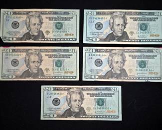 US 2004 $20 Star Note Bills, Qty 5 