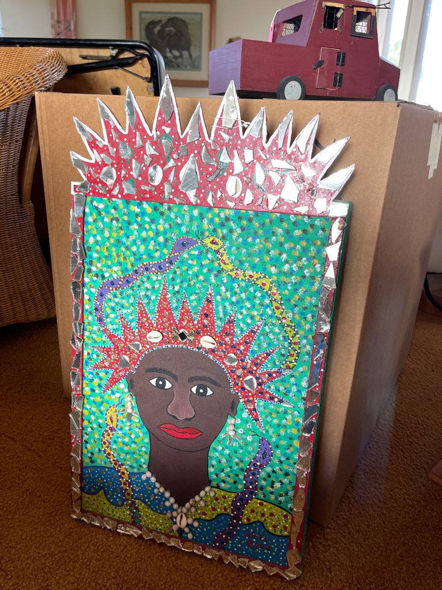 Panama #13,
painting by Ariel
Jimenez, 2000,
masonite, wood,
canvas, paint,
broken mirror,
beads, and
sequins.
He is a
descendent of
the 'Cimarrones'
- african slaves
who escaped
the Spanish.
B.1975