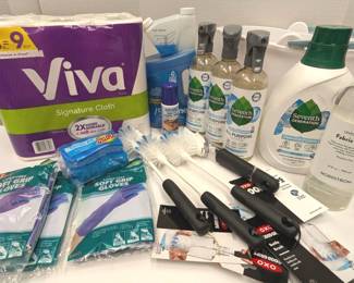 Batch of Cleaning Supplies Cleaner, Brushes, and Gloves