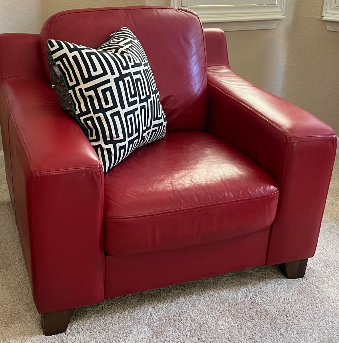 Red Leather Chair pair , Decorative Pillows