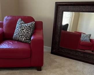 Red Leather Chair pair , Decorative Pillows, Square Beveled Mirror