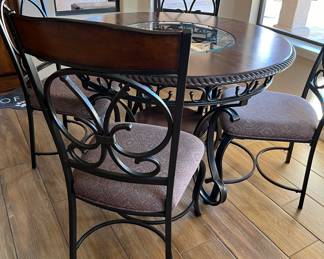 Ashley Iron andWood Dining Table w 4 Chairs and Glass Center on Top
