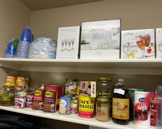 Food items, paper products, New glass ware in boxes, Marquis flutes, tumblers and Libbey fountain glasses