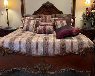 Beautiful cherry King four poster bed, great carved details. King bed linens