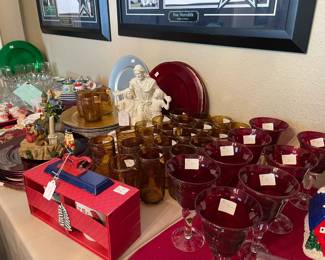 More handmade stem ware in red and gold swirl, lots of chargers and seasonal items