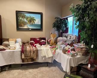 Looking at the linen and baby item tables in the master bedroom, oil on canvas
