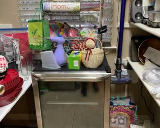 Frigidaire beverage fridge, metal shelves, Easter items, hand held surface steamer