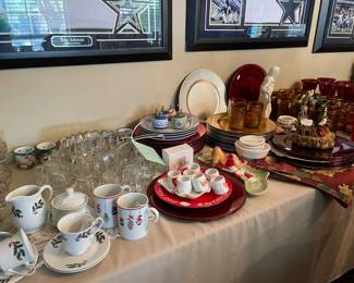 Christmas china, vintage punch bowl with cups and under plate, Santa mugs, Fitz and Floyd pieces