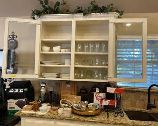 Glass, white china pieces, chopping boards, vintage lazy Susan, coasters, ceramic canister set