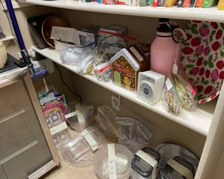 Plastic bowls and serving pieces, storage, cookie cutters