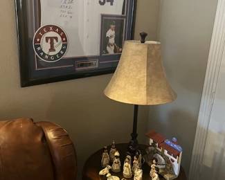 Handmade nativity, accent table, metal base lamp