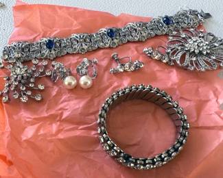 1940s rhinestone earrings, brooches + bracelets