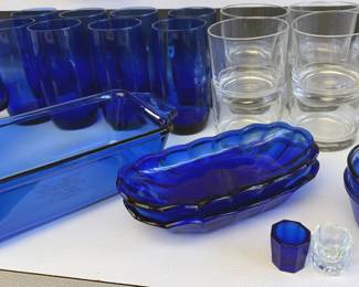 Anchor blue baking dishes + assorted glassware