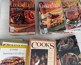 Magazines (bundled by year): Bon Appetit + Gourmet (both include late 1970s editions through 2000s); Cooks Illustrated,  Fine Woodworking, Classic Sports + Car, AutomotiveDeluxe 
